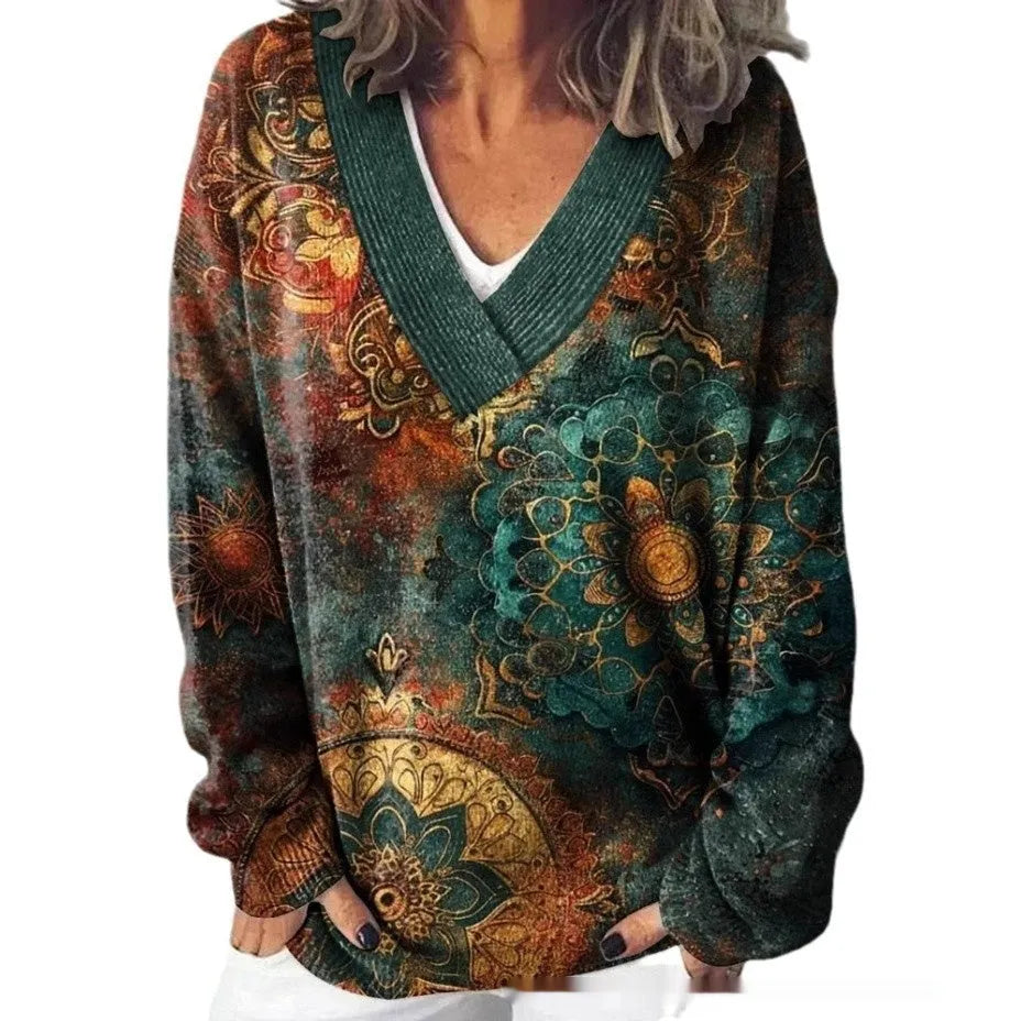 Women's floral pattern printed V-neck sweatshirt with 3D effect and long sleeves