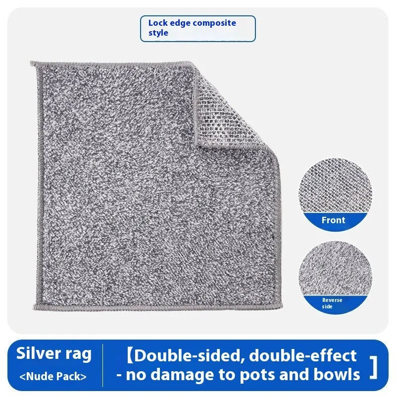 Silver steel wire and microfiber double-sided cleaning rag for scrubbing pots and wiping bowls.