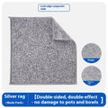Silver steel wire and microfiber double-sided cleaning rag for scrubbing pots and wiping bowls.
