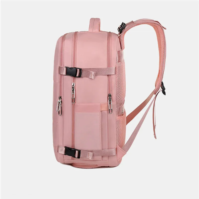 Large-capacity travel backpack in purple, grey, black, or pink with organised compartments and waterproof Oxford fabric