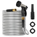 100ft stainless steel flexible garden hose with 10-pattern spray nozzle on grass