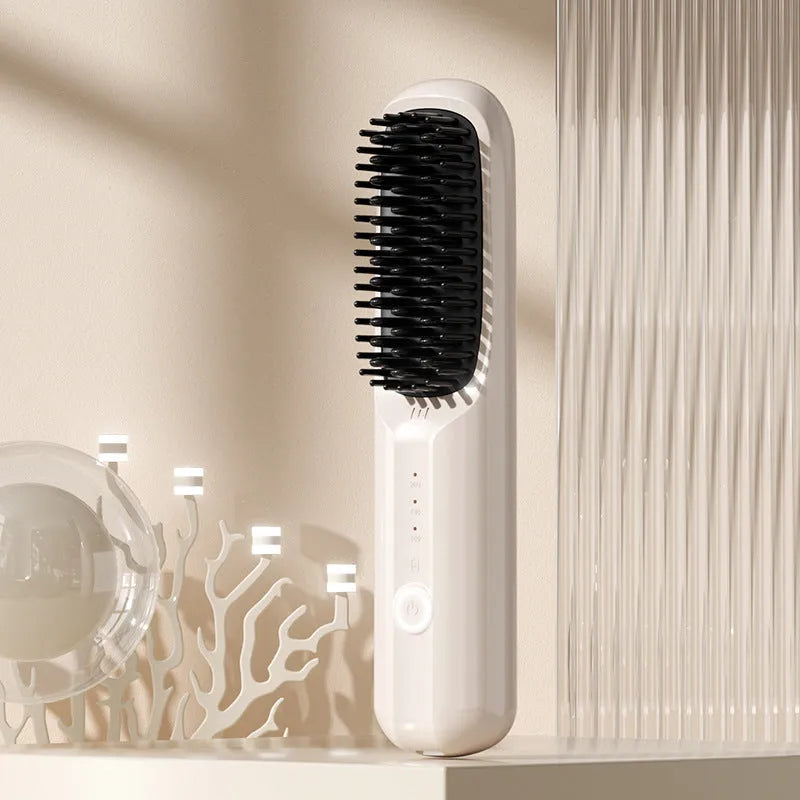 Wireless anion straightening comb in beige colour with ceramic plates and USB-C port