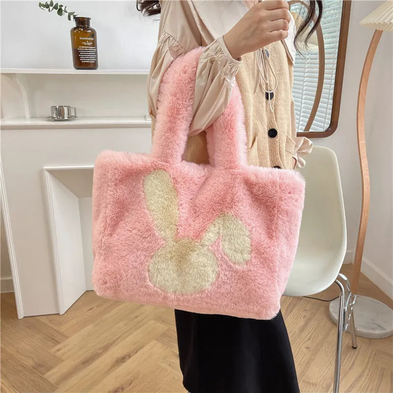 Cartoon rabbit ears plush shoulder bag in solid colour with large capacity