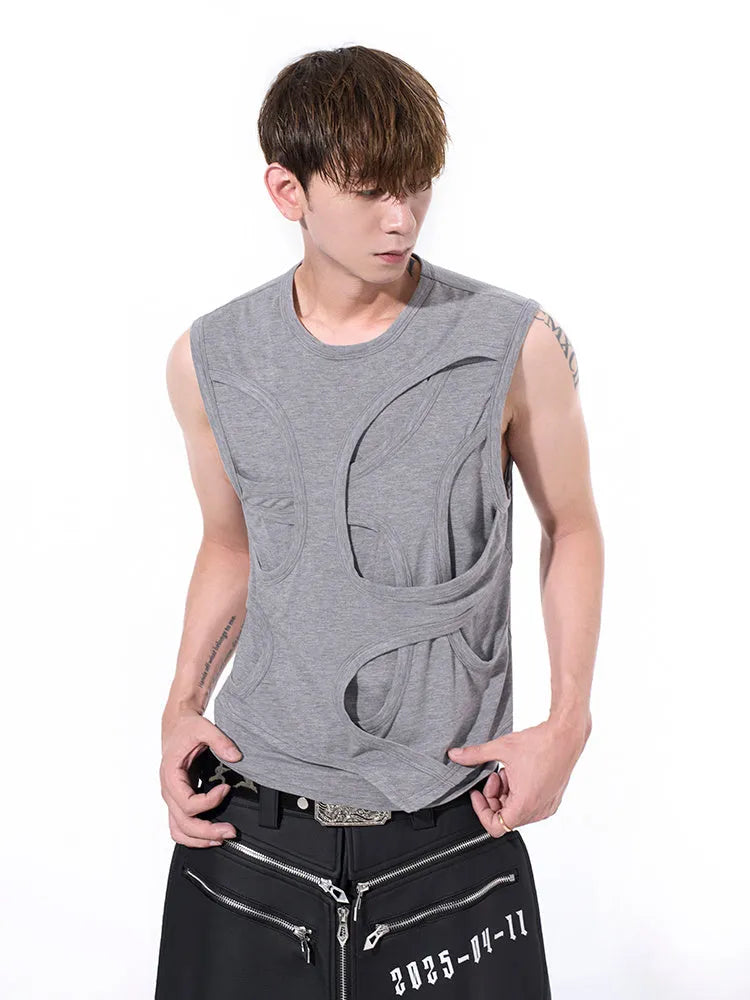 Men's solid black Lyocell tank top with round neck on a hanger.