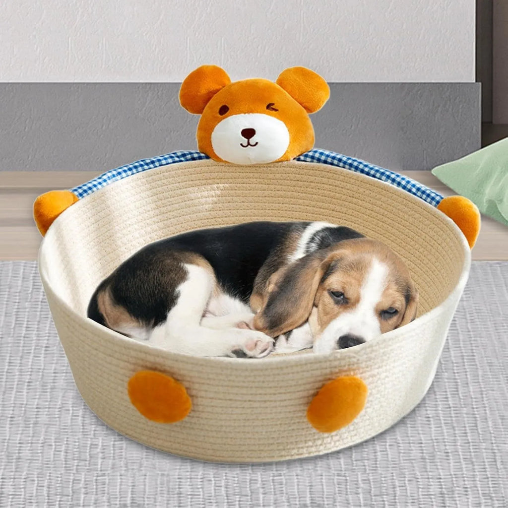 Woven cotton rope cat bed basket with scratching pad in bear design, shown next to a cat.