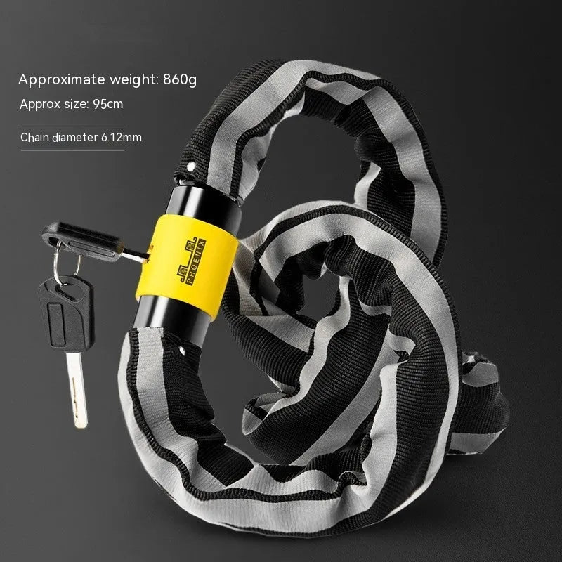 Portable black bicycle chain lock with 95cm zinc alloy chain and key chain mechanism