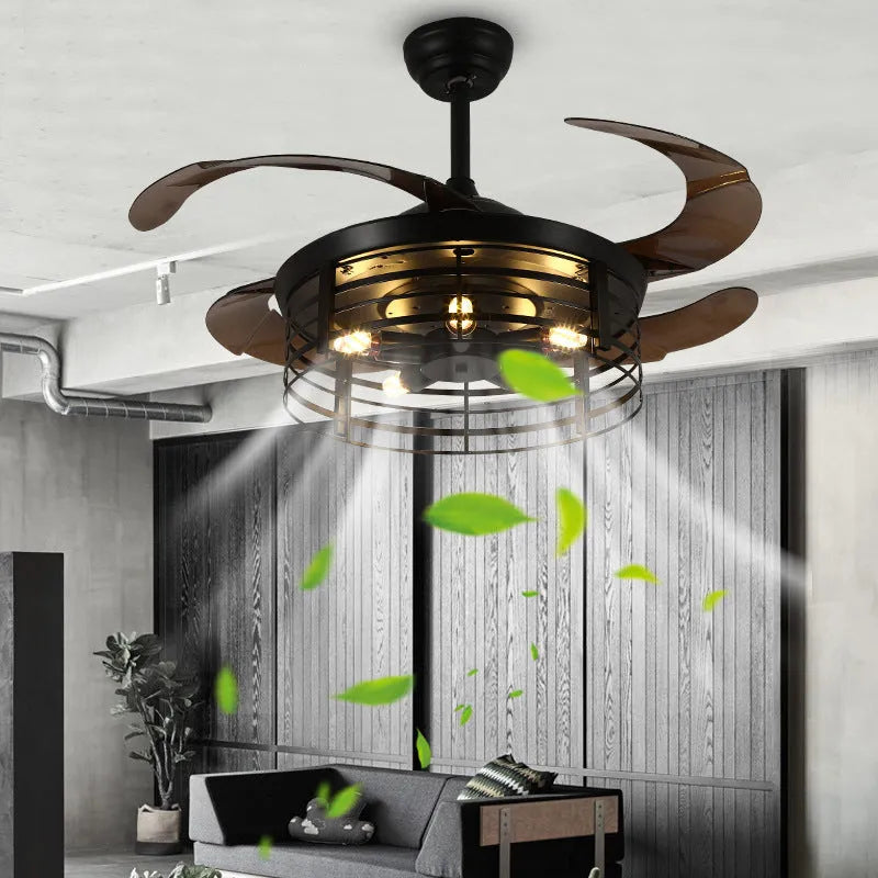 American retro style ceiling fan lamp with invisible blades and acrylic shade, remote control included