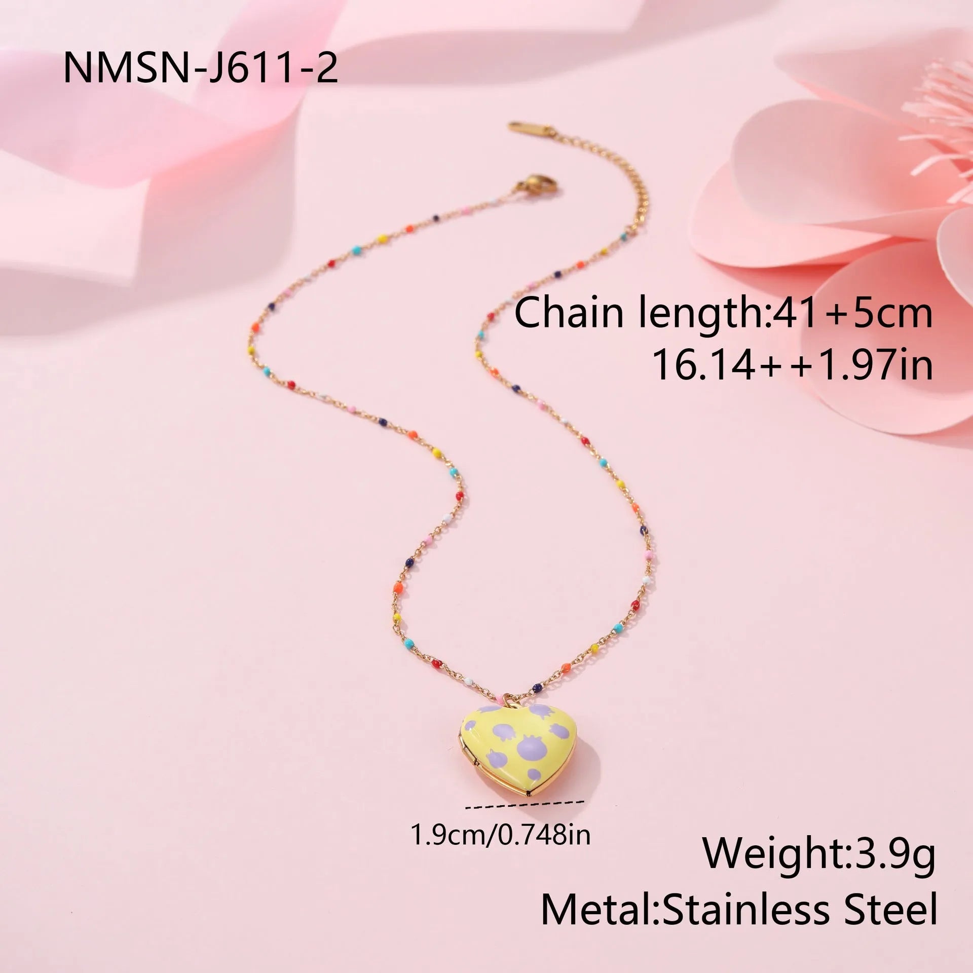 Stainless steel fruit pendant necklace with gold plating showing heart and fruit charm designs on adjustable chain