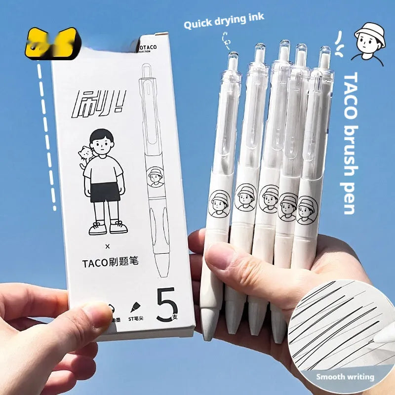 Five neutral colour ballpoint pens with 0.5mm black ink refills arranged together