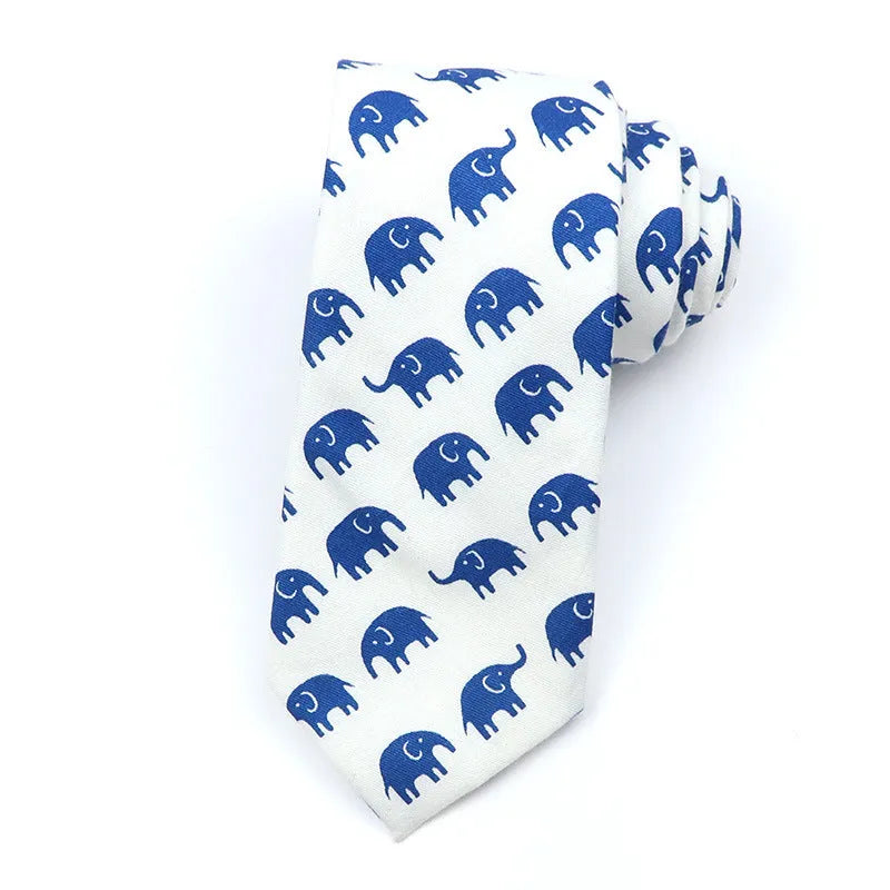 Korean style narrow men's cotton bow tie with a cartoon print pattern on an adjustable neck band.