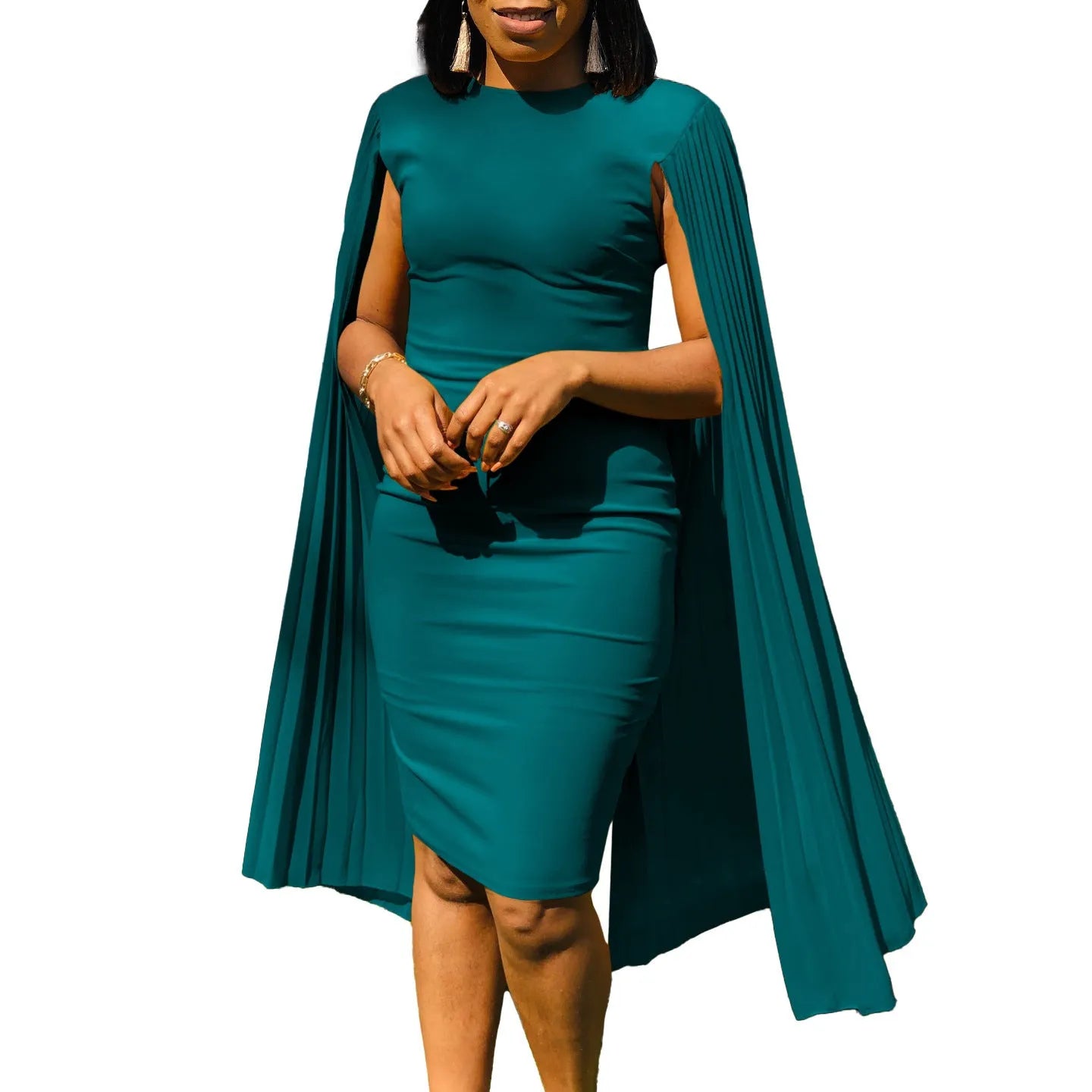 Yellow women's long sleeve evening gown with high waist and a pleated shawl draped over the shoulders.