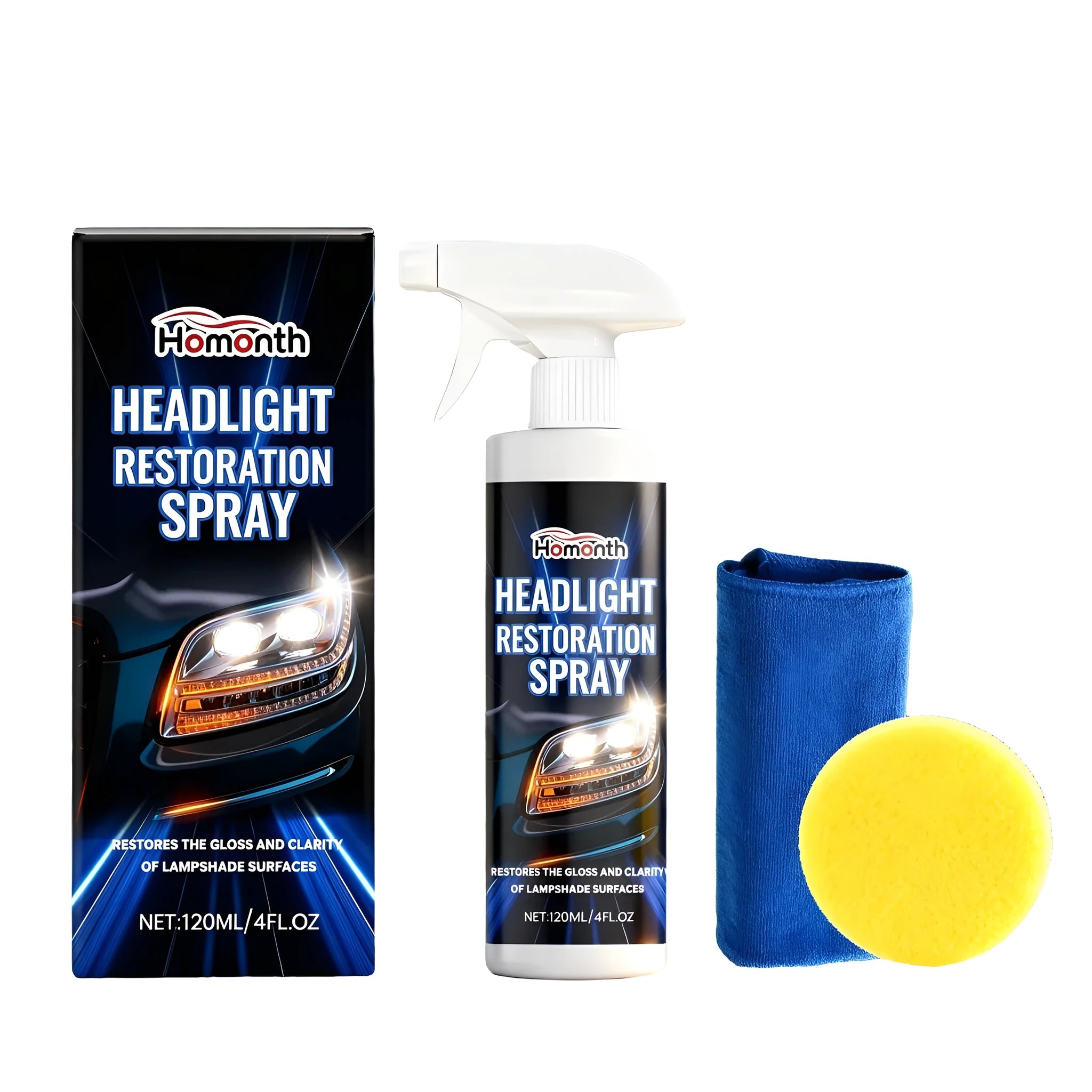 HOMONTH 120ml headlight restoration spray kit with bottle, sponge, and cleaning towel