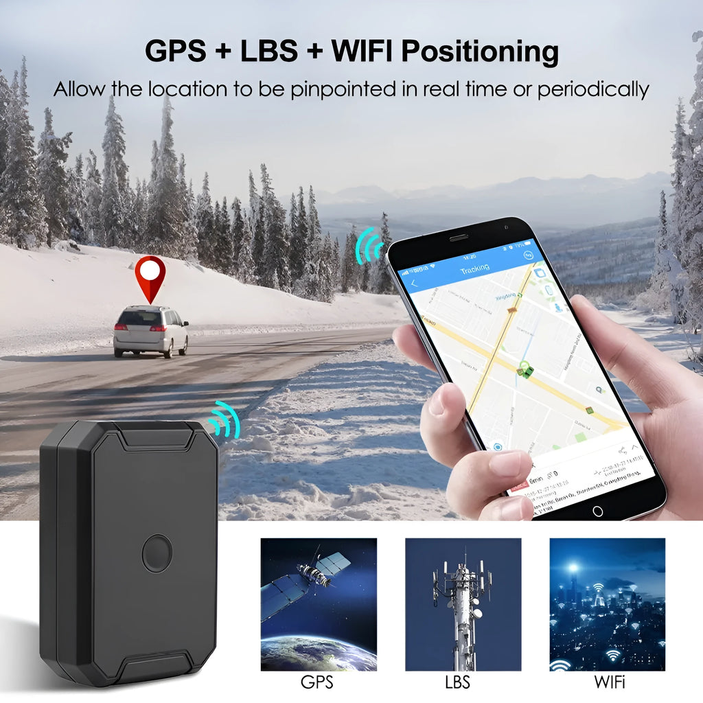 Black GPS car locator with 6000mAh battery capacity and IP65 waterproof rating