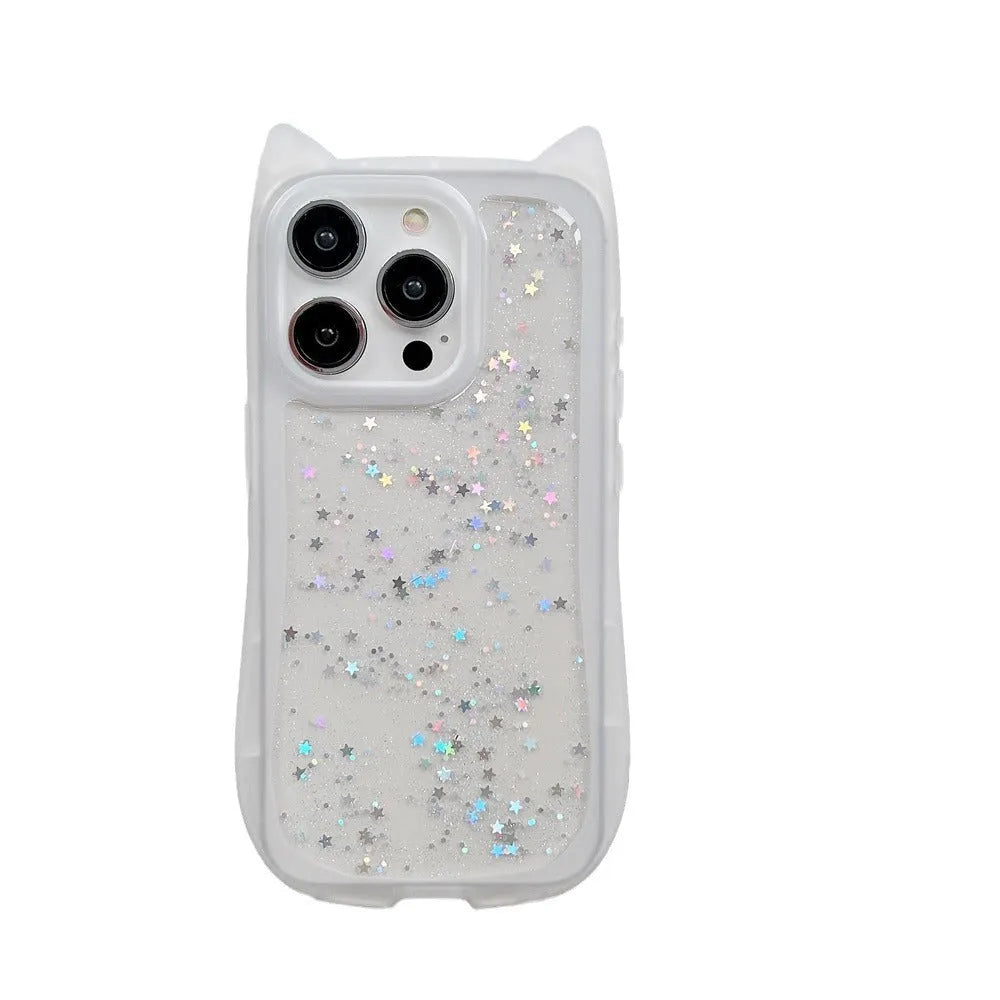 Three-dimensional cat ears epoxy glitter TPU phone case for Apple iPhone, available in pink, white, purple, black, and transparent