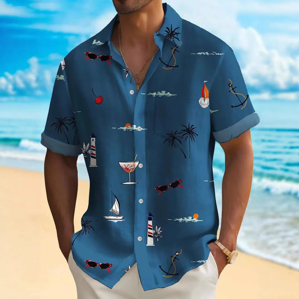 Men's loose fit Hawaiian shirt with digital printed pattern, short sleeves, available in multiple colours