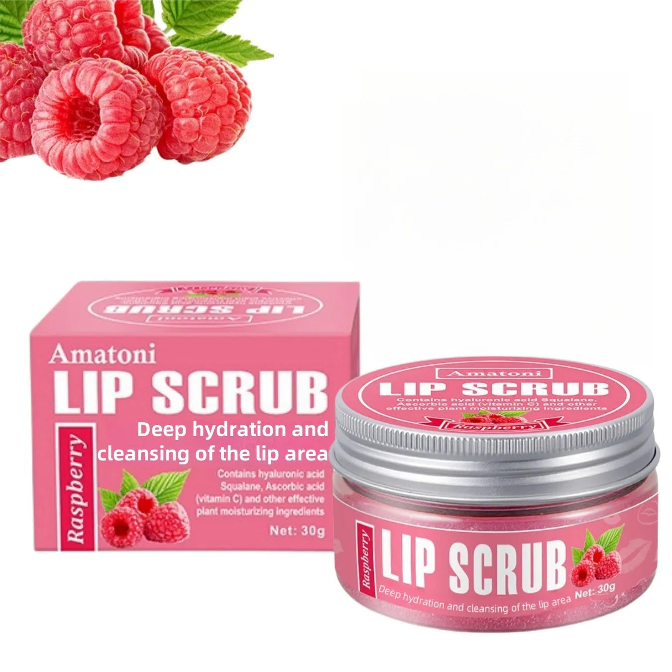 Pot of Amatoni fruit flavour lip scrub cream for exfoliating and moisturising lip care.