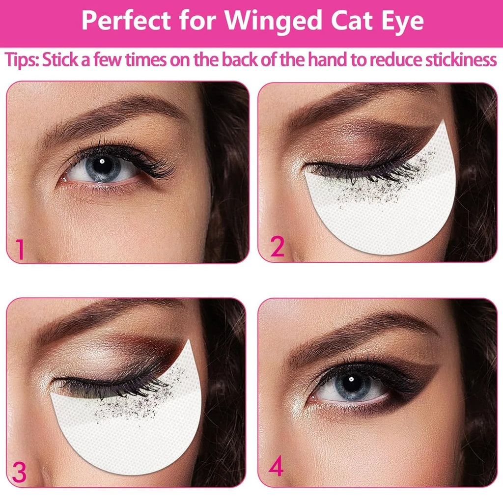 Pack of disposable lint-free self-adhesive eyeshadow shields in half-moon shape for under-eye use.