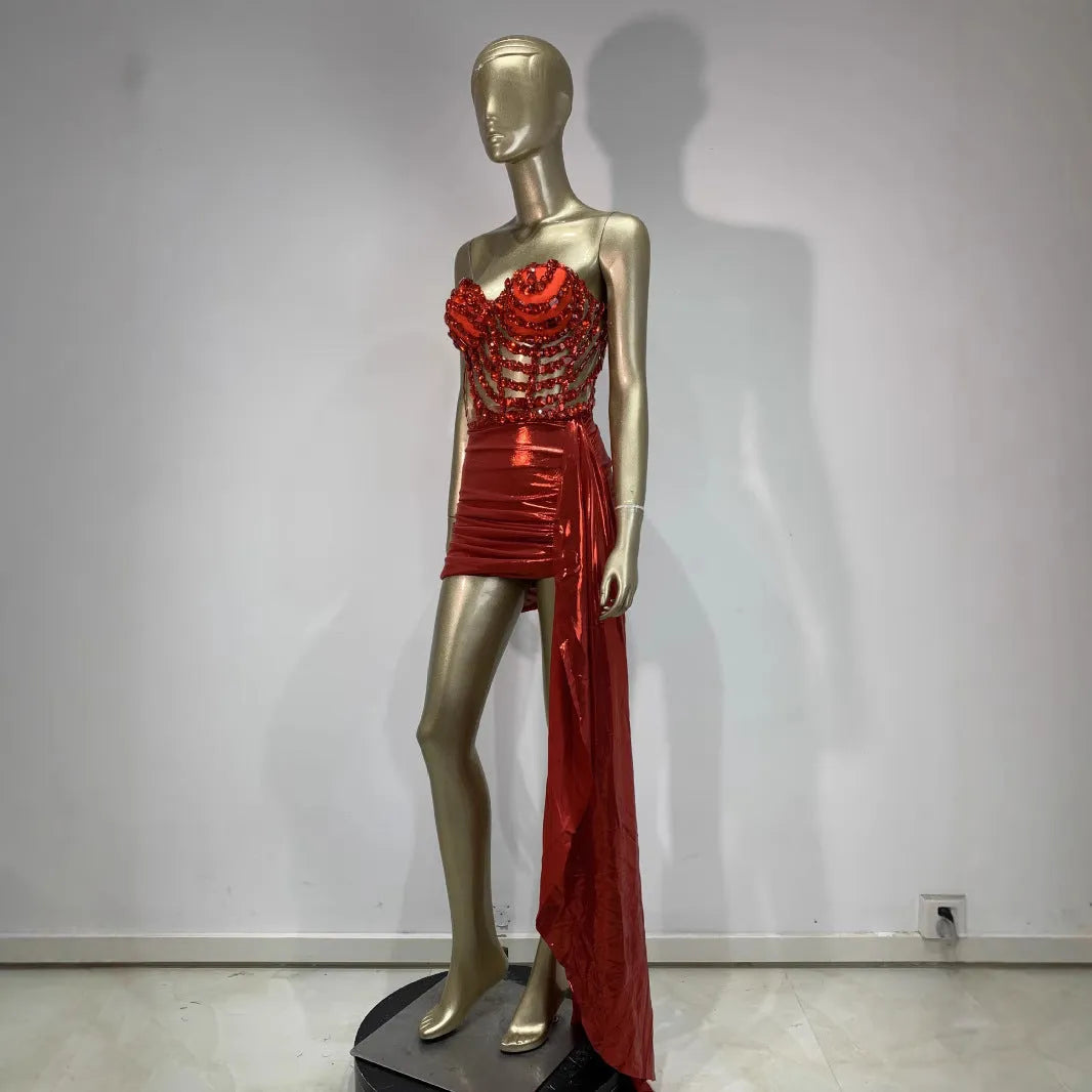 Red see-through mesh women's stage skirt suit costume for parties and performances