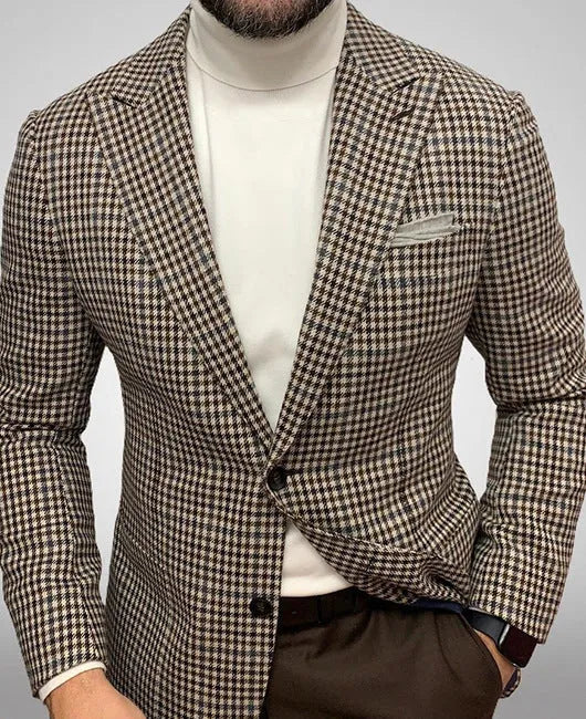 Men's black slim fit suit jacket with two buttons and large top-stitching pockets