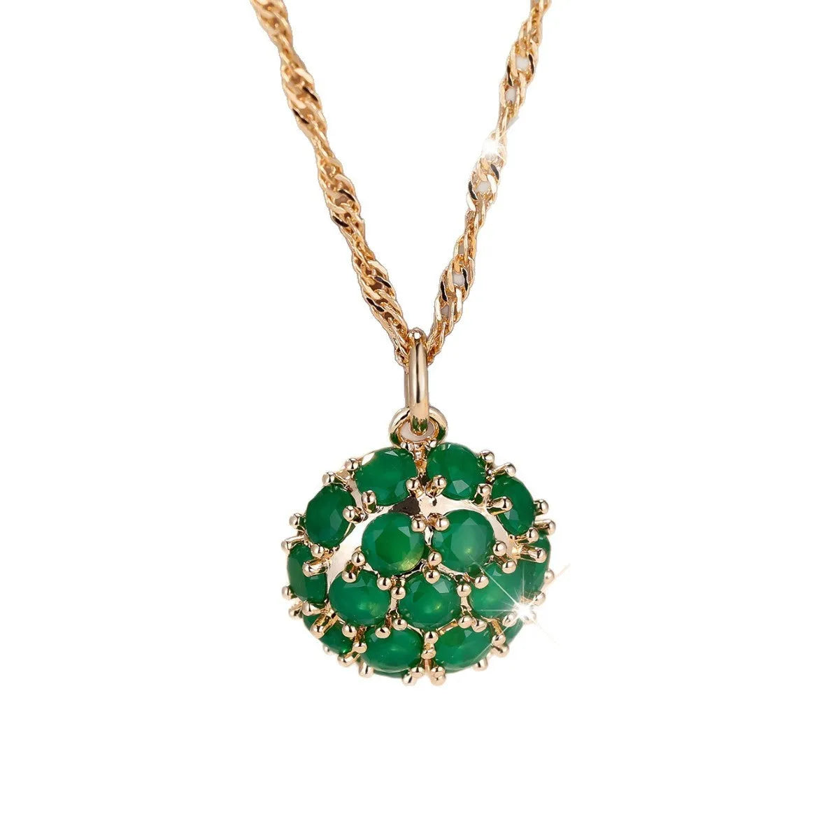 Round emerald pendant with full diamond setting on champagne gold chain necklace