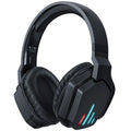 Luminous black wireless gaming headphones with head-mounted design showing ear cups and included 3.5mm cable