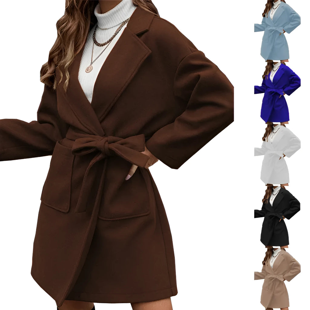 Long sleeve brown lapel button coat with a split belt, shown in a loose fit.