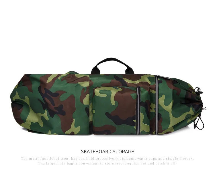 Waterproof nylon skateboard bag with 20-35 litre capacity for sports equipment in camouflage colours