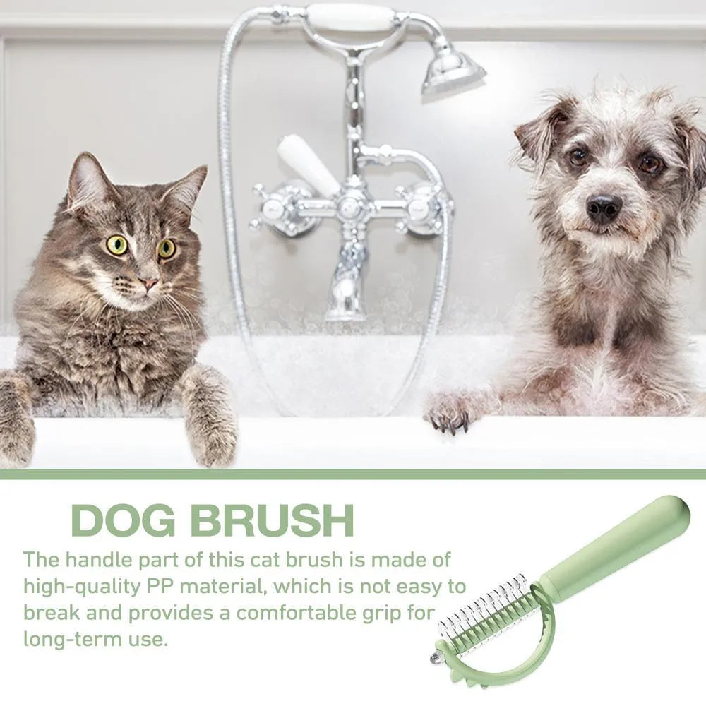 Blue dinosaur-shaped cat brush with self-cleaning button and double-sided bristles