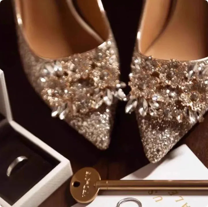 Xiuhe champagne bridal shoes with pointed toe, rhinestone decoration, and fragmented flowers pattern