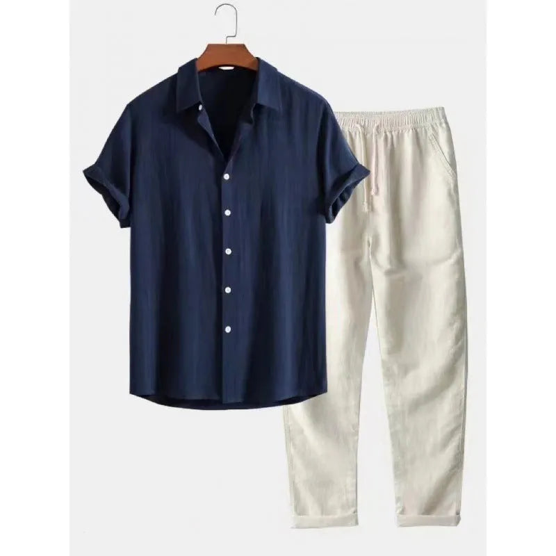 Men's loose fit casual short sleeve shirt and trousers set in linen-look fabric