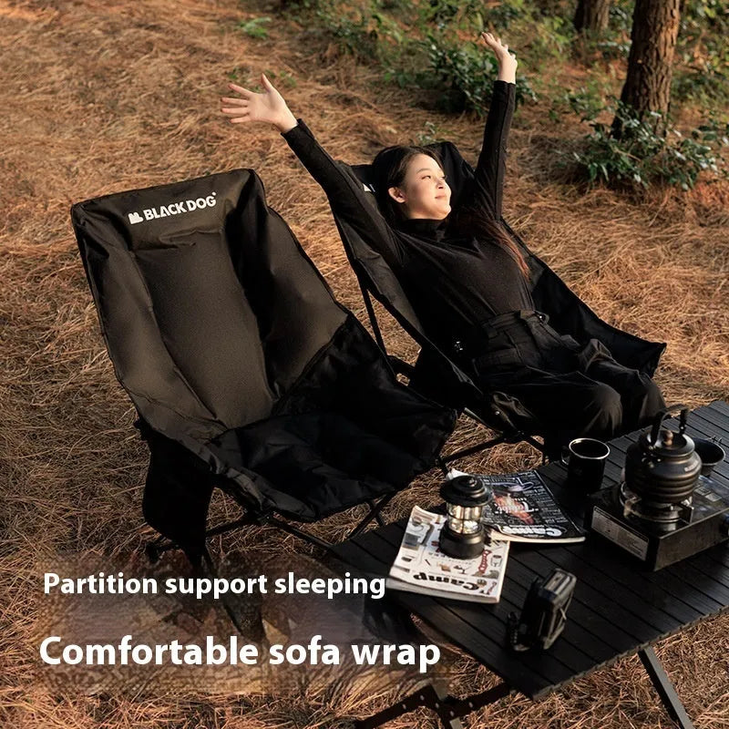 Night black Oxford cloth camping recliner moon chair in folded and unfolded positions.