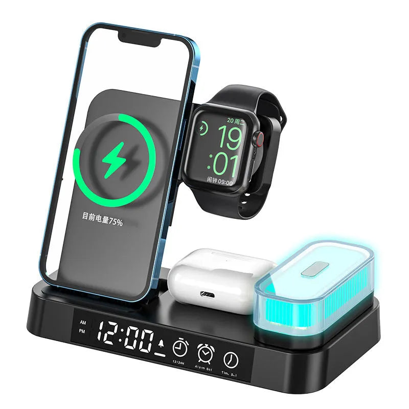 Foldable 4-in-1 wireless charging station with alarm clock display and RGB night light