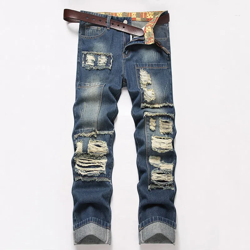 Men's straight wrinkle-resistant loose casual cotton jeans in blue colour, mid waist zip fly