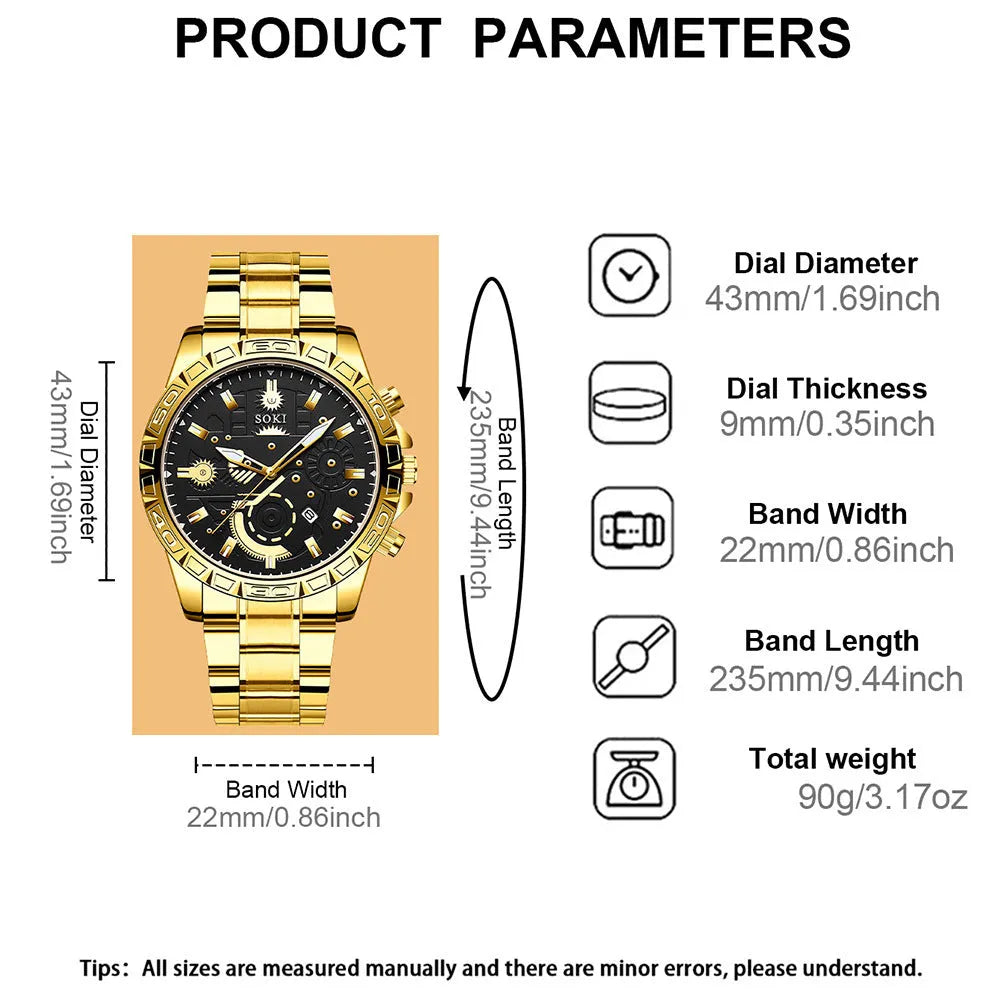 Men's gold business calendar quartz watch with stainless steel band showing date display