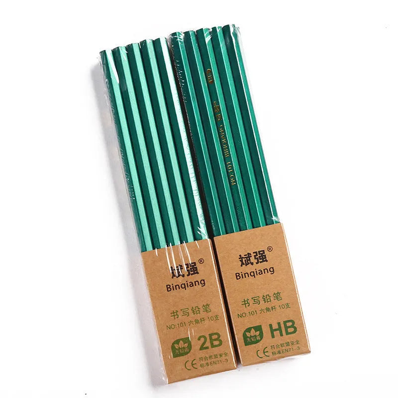 Green hexagonal wooden pencils in 2B and HB grades, box of 10 for sketching and writing