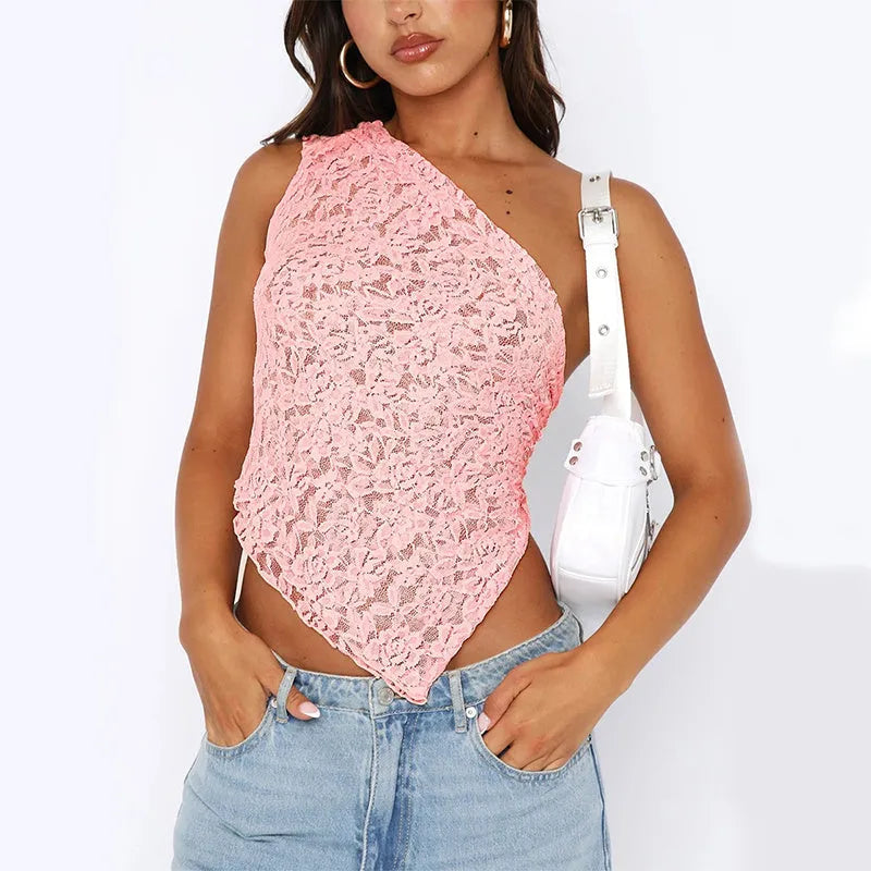 Women's apricot lace backless sleeveless top with an asymmetrical neckline on a hanger.