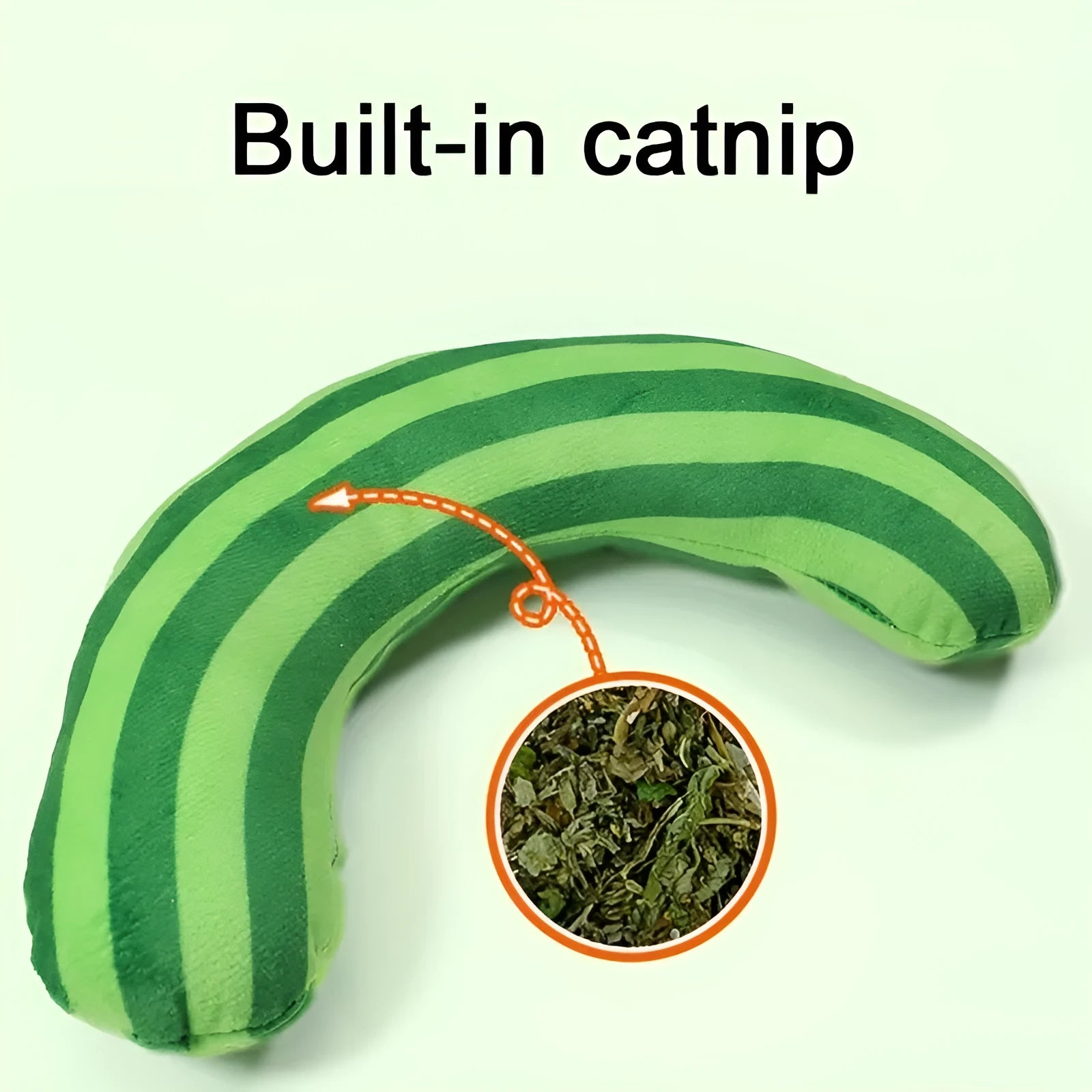 Striped pattern cat pillow toy with built-in catnip in green, rainbow or yellow colours