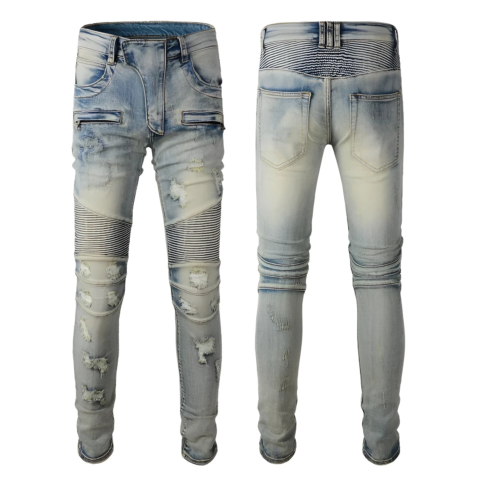 Light blue men's slim stretch jeans with hand-frayed distressed details and a straight leg.