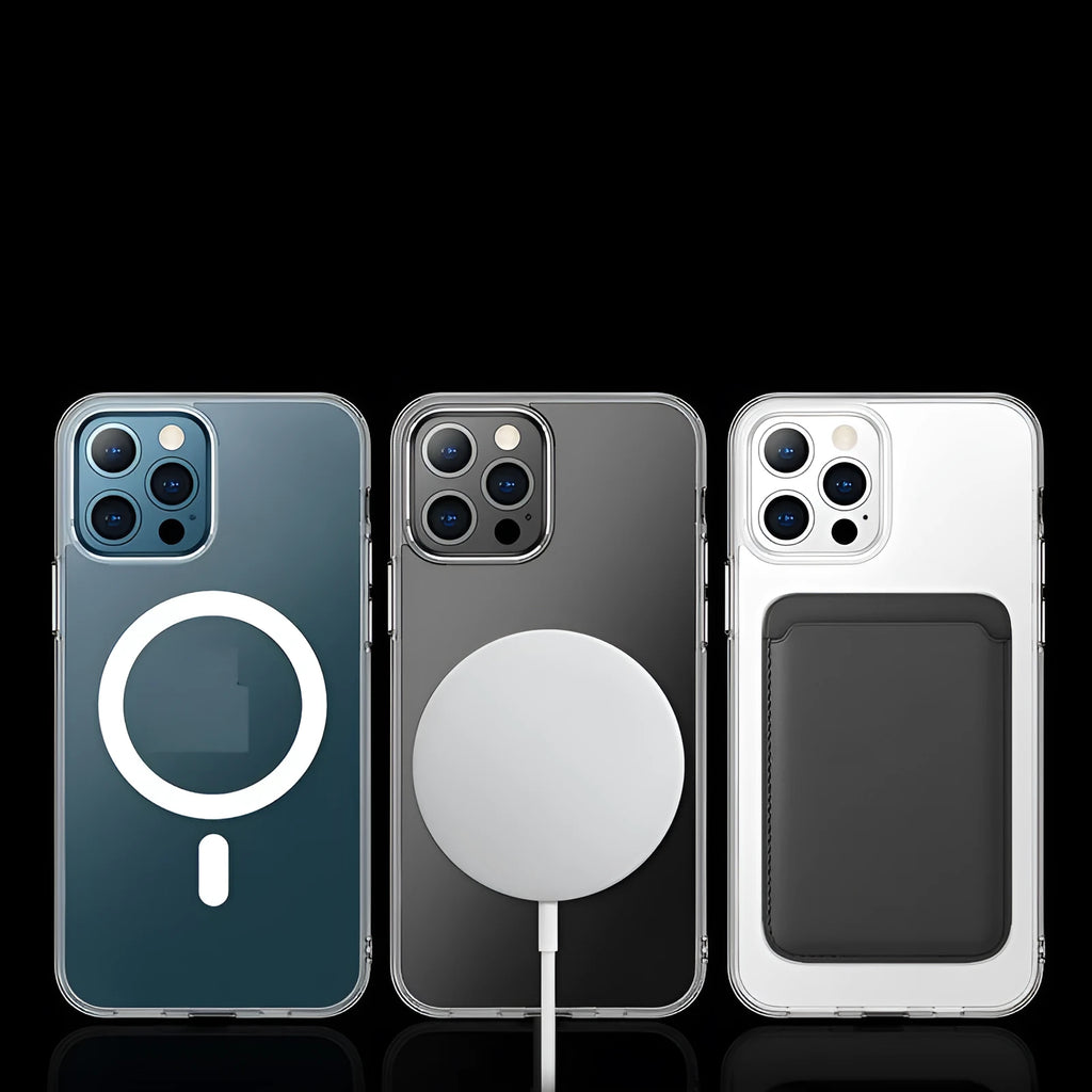 Transparent magnetic back cover phone case for iPhone models showing clear design and MagSafe compatibility