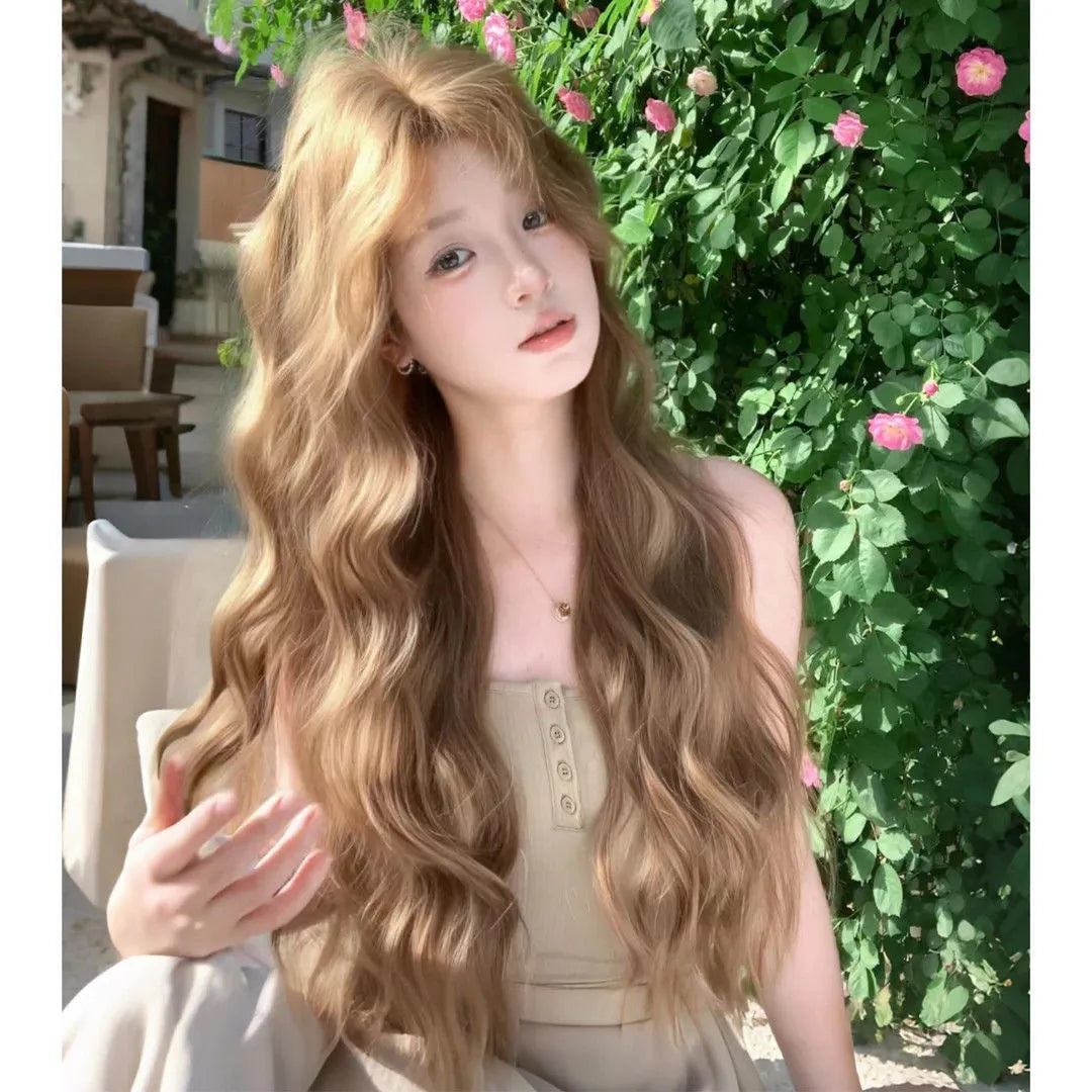 Linen brown medium long curly synthetic wig with hair net on display