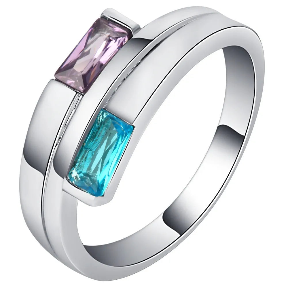 Copper electroplated zircon ring with silver colour finish showing contemporary European American jewellery design