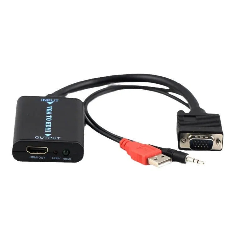 Black VGA to HDMI converter with USB power cable and audio port for 1080p video conversion