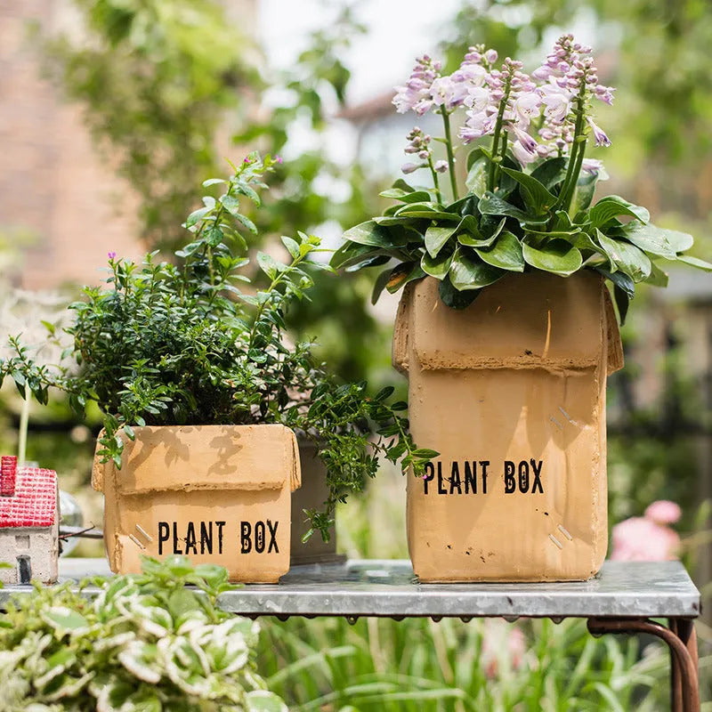 Cement brown paper box design flowerpot with drainage holes in Nordic style for indoor balcony planting