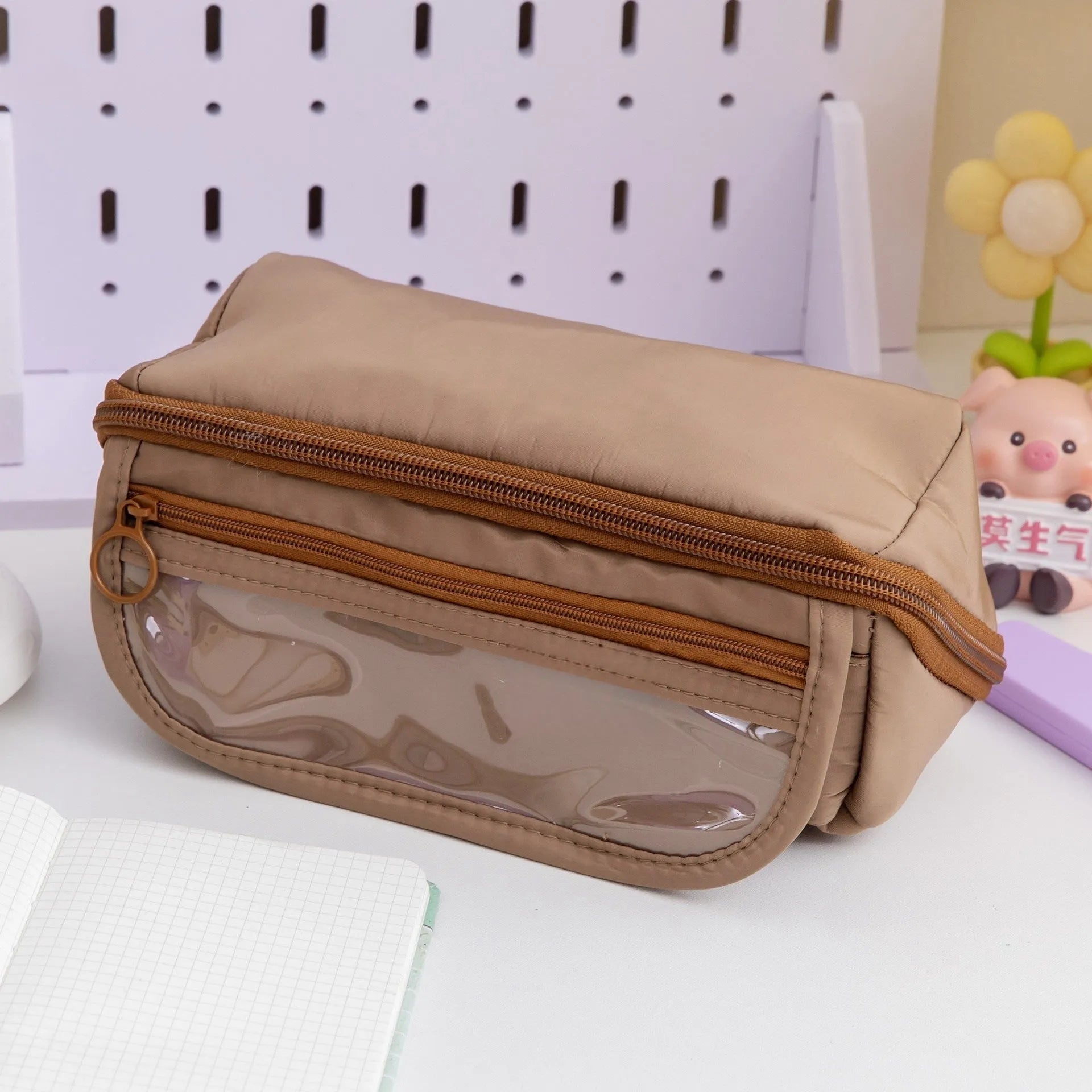 Korean style canvas pencil case with ten-layer flip design showing multiple colour options