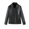 Black men's PU leather jacket with zipper pockets, loose fit design