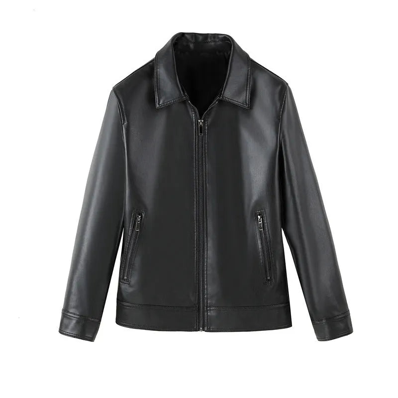 Black men's PU leather jacket with zipper pockets, loose fit design