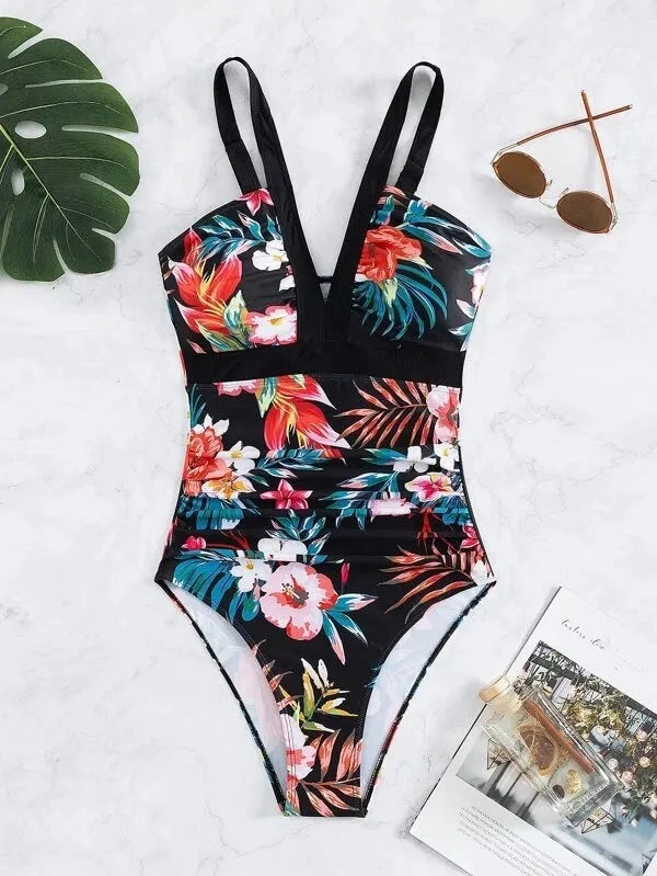 Women's floral one-piece swimsuit in polyester and spandex material