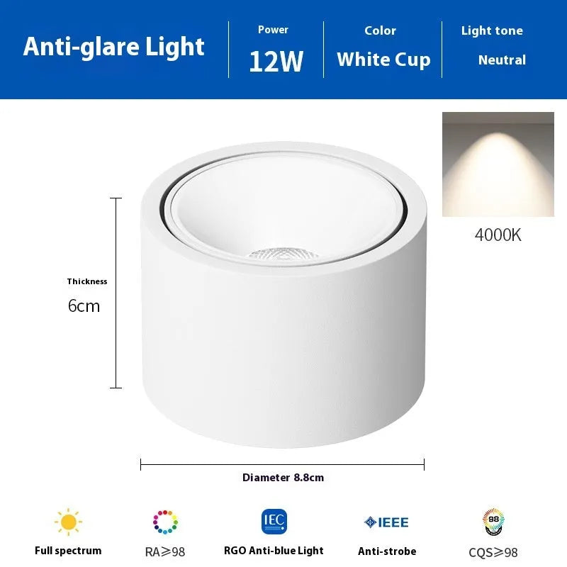 Ultra-thin surface mounted adjustable angle ceiling light aluminium 12W 15W black white finish