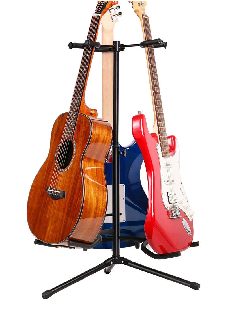 Black vertical double-headed adjustable guitar stand for acoustic and electric guitars.