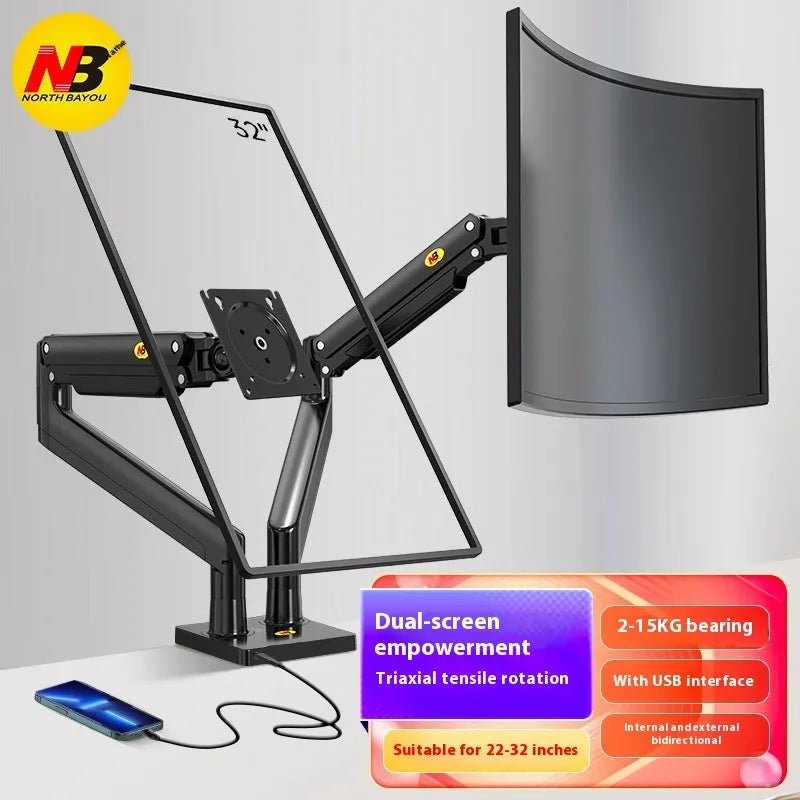 Aluminium alloy dual monitor desktop bracket in gun black colour, showing two adjustable arms for screens.